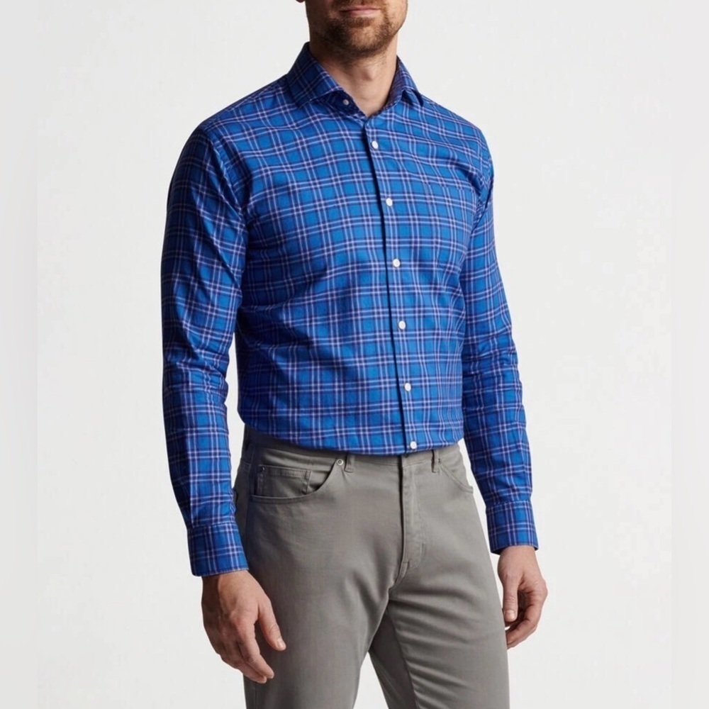 Peter Millar Sport Shirt Men's 2XL Blue Plaid Long Sleeve Button Front Office